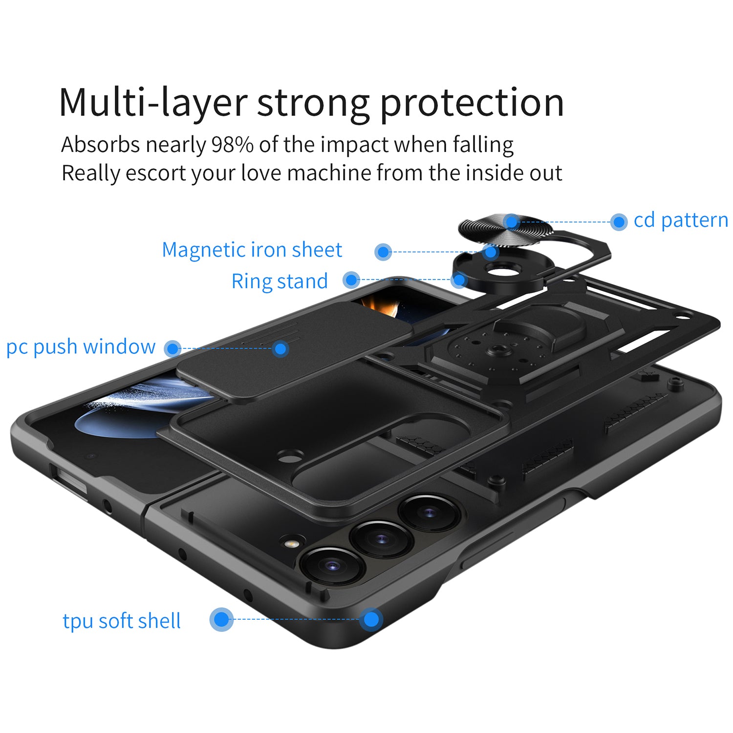 Uniqkart for Samsung Galaxy Z Fold5 5G Kickstand Phone Cover PC+TPU Case with Slide Lens Protector - Blue Uniqkart for Samsung Galaxy Z Fold5 5G Kickstand Phone Cover PC+TPU Case with Slide Lens Protector - Blue